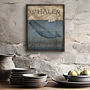 Whaling Sign Custom Signs Rustic Paintings Folk Art Primitive Decor, Whaler Publick House - Medium Repro of Hand Painted Original