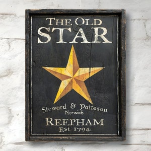 The Old Star Vintage English Pub Tavern Sign Painting Folk Primitive Art Bar Sign - Grande riproduzione dell'originale dipinto a mano