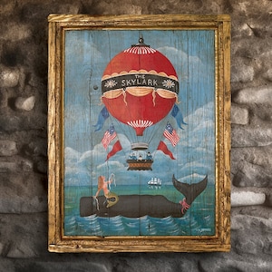 Whale Mermaid Hot Air Balloon Art Antique Looking Skylark Tavern Pub Sign - 19th Century Look, Large Repro of Original Art
