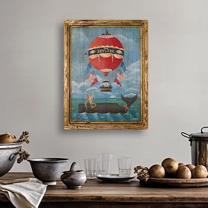 Whale Mermaid Hot Air Balloon Art Antique Looking Skylark Tavern Pub Sign Bar Art Nautical Whaling Art  Medium - Repro of Original Art