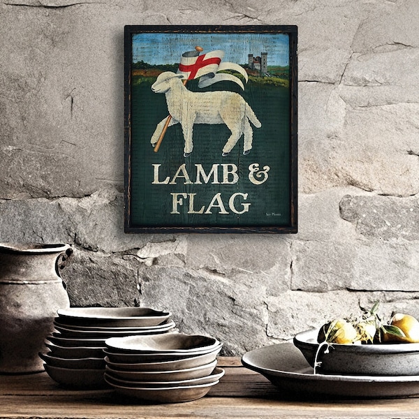 Lamb & Flag Tavern Pub Sign, Sheep, Rustic Paintings, Folk Art, Wall Art, Primitive Art, - Medium - Reproduction of Hand Painted Original