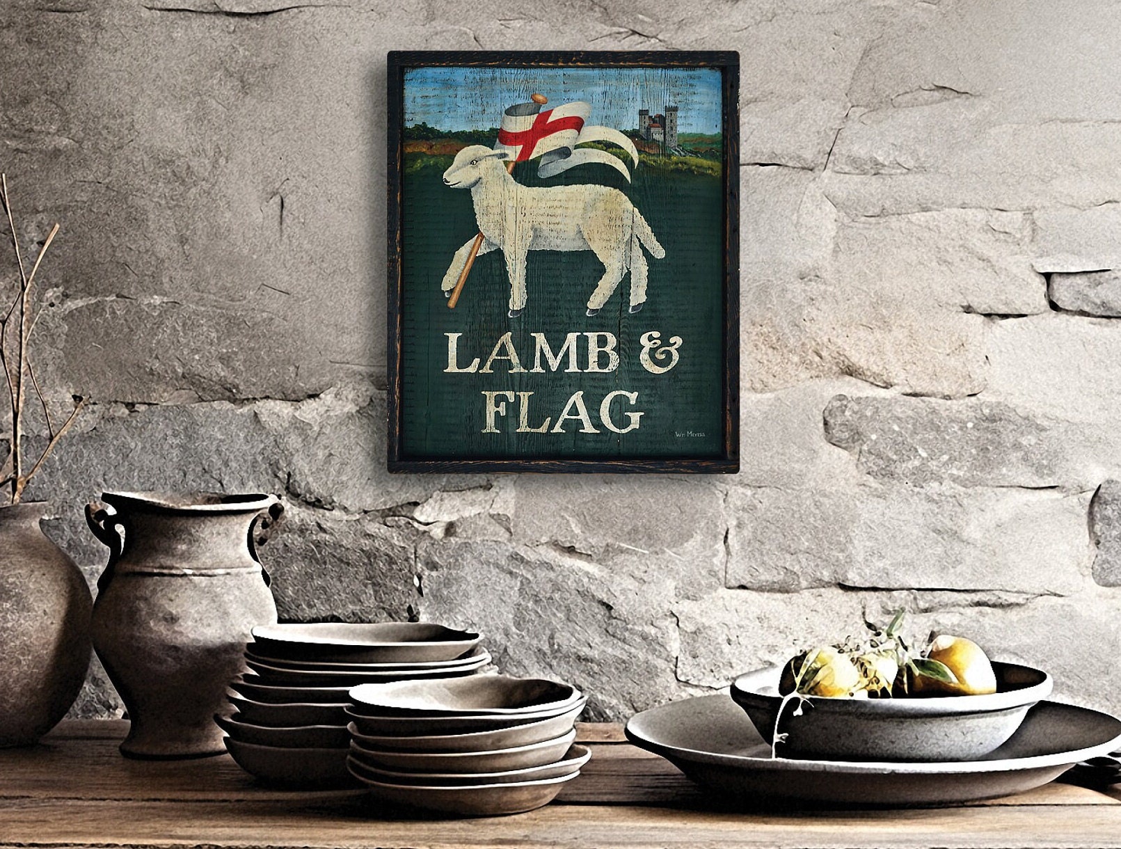 Lamb & Flag Tavern Pub Sign, Sheep, Rustic Paintings, Folk Art, Wall Art, Primitive Art, - Medium - Reproduction of Hand Painted Original