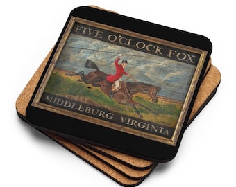 Posavasos con parte trasera de corcho, letrero de taberna vintage Five O'Clock Fox, protección para mesa de pub, decoración de bar, Middleburg, Virginia