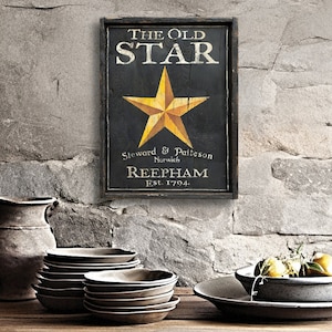 The Old Star Vintage English Pub Tavern Sign Painting Folk Primitive Art Bar Sign - Riproduzione media dell'originale dipinto a mano