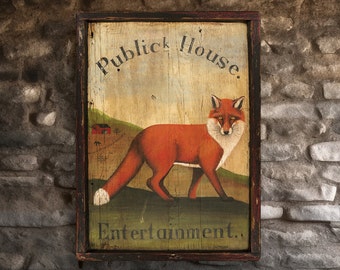 Letrero de taberna de pub "Public House" con aspecto antiguo de zorro, arte de caza del zorro, animal primitivo, reproducción extragrande enmarcada en madera de granero genuina