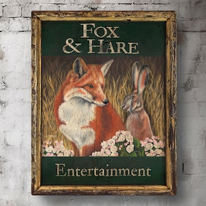 Vintage Tavern Sign &quot;Fox & Hare&quot; Fox and Rabbit Art Colonial Decor Tavern Sign British Pub Sign - Large Repro of Hand-Painted Original
