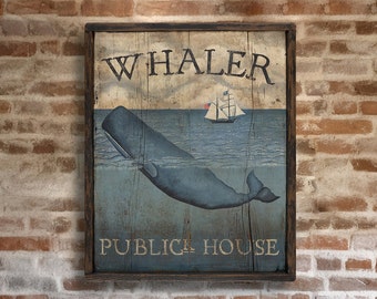 Whale art, Custom Signs, Rustic Paintings, Folk Art, Wall Art, Primitive Art, Whaler Publick House - Reproduction of Hand Painted Original