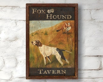 Hund Malerei, Schilder nach Maß, rustikale Gemälde, Volkskunst, Wandkunst, primitive Kunst, Fuchs und Hundehund - Reproduktion eines handgemalten Originals