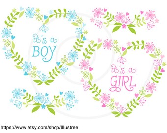 New baby, it's a girl, it's a boy, floral heart wreath frame, digital clip art, baby shower, pink, blue, commercial use, EPS, SVG, download