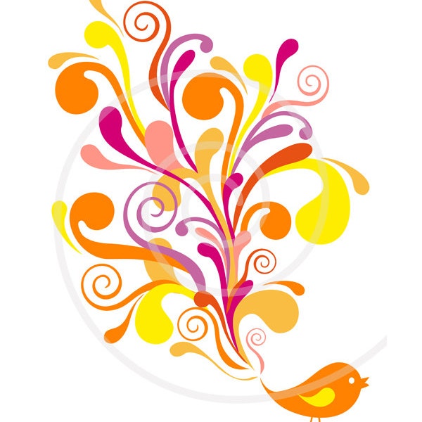 Colorful bird with ornamental swirls, digital clipart, clip-art, clip art set, print, printable card, scrapbooking, vector, instant download