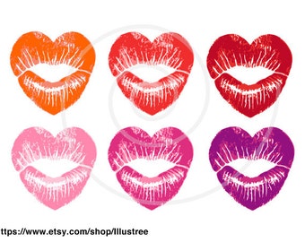 Heart lips, red lipstick traces, kisses and hugs, XOXO, digital clipart set, photo overlays, scrapbooking, cardmaking, vector, EPS, download