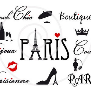 Paris digital clip art set, Eiffel tower clipart, 23 photo overlays, French clip art, word art, fashion, PNG, EPS, SVG instant download