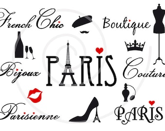 Paris digital clip art set, Eiffel tower clipart, 23 photo overlays, French clip art, word art, fashion, PNG, EPS, SVG instant download