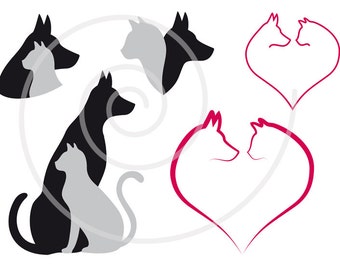 Cat and dog digital clip art set, pet, animal clipart, heart, illustration, drawing, logo design, vector, EPS, SVG files, instant download