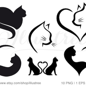 Cat heart digital clip art set, cat SVG, cutting files, logo template, graphic design elements, clipart, PNG, EPS, vector, instant download