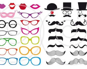 Photo booth props, mustache digital clip art set, printable for carnival, wedding, party, DIY, commercial use, PDF, SVG, instant download