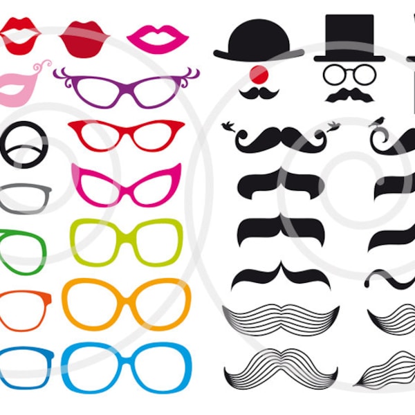 Photo booth props, mustache digital clip art set, printable for carnival, wedding, party, DIY, commercial use, PDF, SVG, instant download