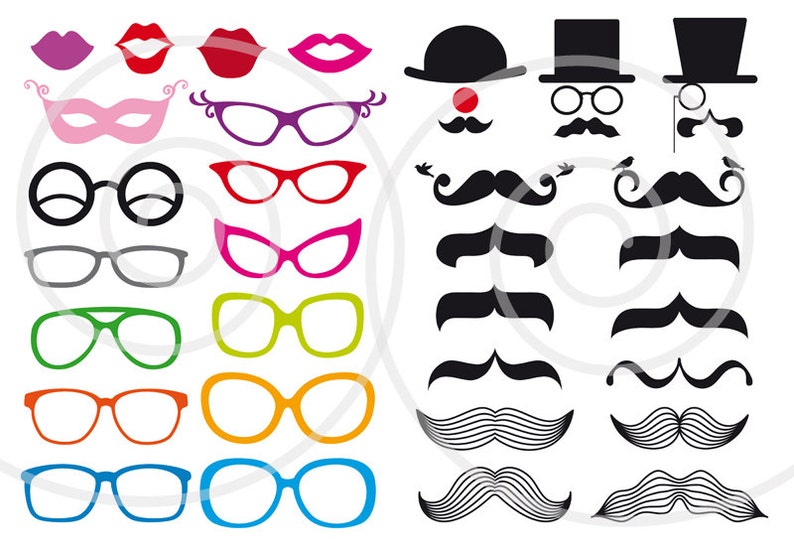 Photo booth props mustache digital clip art set printable for carnival wedding party DIY commercial use PDF SVG instant