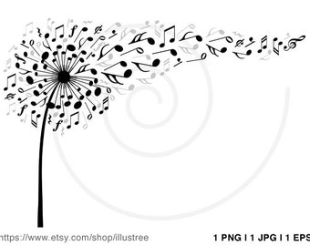 Music flower, digital clip art, dandelion clipart with flying musical notes, printable, wall art, art print, poster, instant download