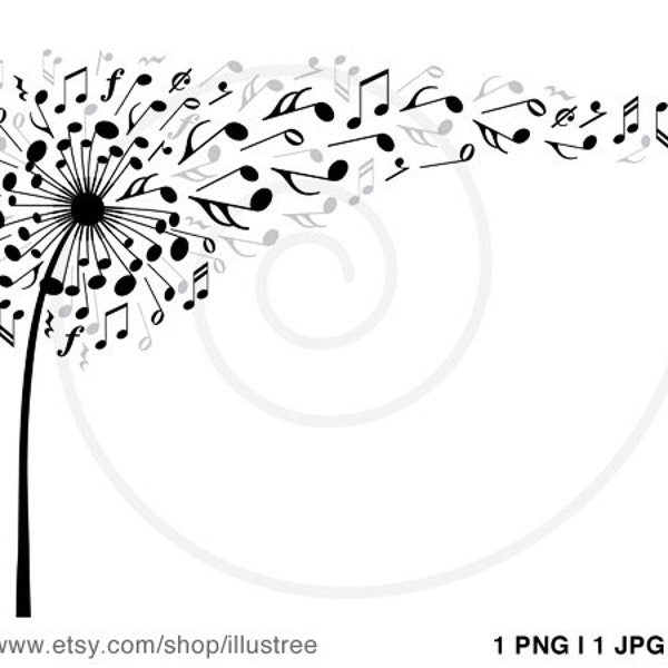 Music flower, digital clip art, dandelion clipart with flying musical notes, printable, wall art, art print, poster, instant download