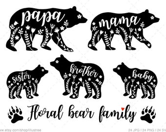 Mama bear SVG, papa bear svg, baby bear svg, floral pattern, flowers, sister, brother, JPG, PNG, cut file, instant download, commercial use