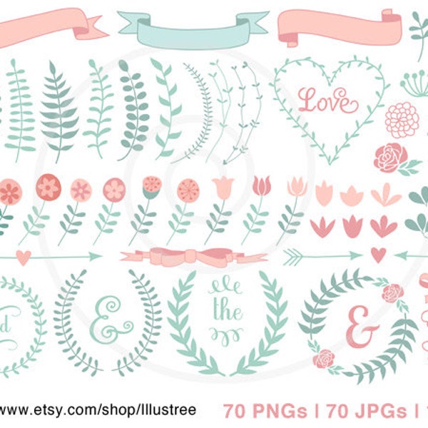 70 spring flowers, mothers day card, wedding, hand-drawn laurel wreath, scrapbooking, pastel, commercial use, PNG, EPS, SVG, download