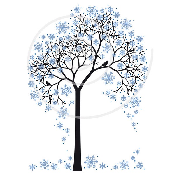 Winter tree digital clip art with snowflakes and birds, illustration, art print, printable art, PNG, EPS, SVG files, instant download