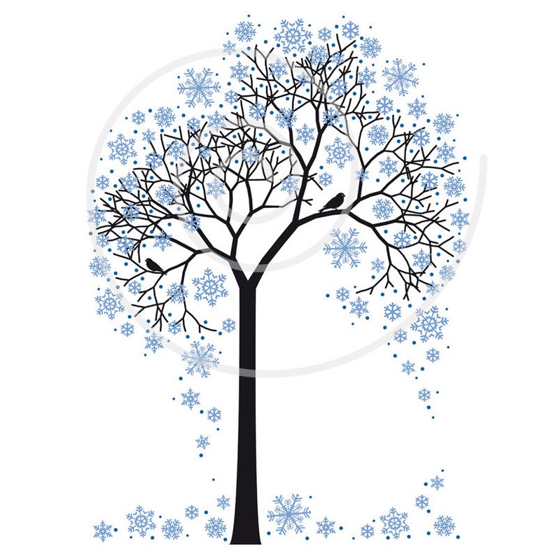 Winter Tree Digital Clip Art With Snowflakes and Birds, Illustration ...