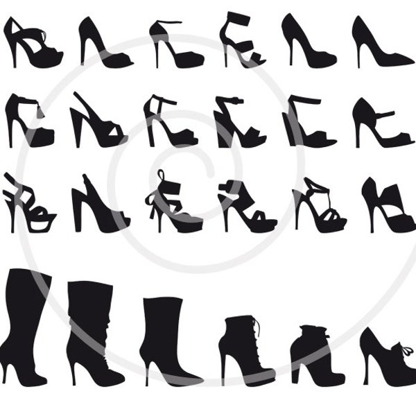 32 shoe silhouettes, digital clip art set, stiletto, high heels, fashion illustration, commercial use, PNG, EPS, SVG files, instant download