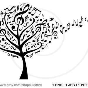 Music tree digital clip art, flying musical notes and birds, printable, wall art, art print, illustration, PNG, EPS, SVG, instant download
