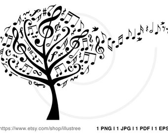 Music tree digital clip art, flying musical notes and birds, printable, wall art, art print, illustration, PNG, EPS, SVG, instant download