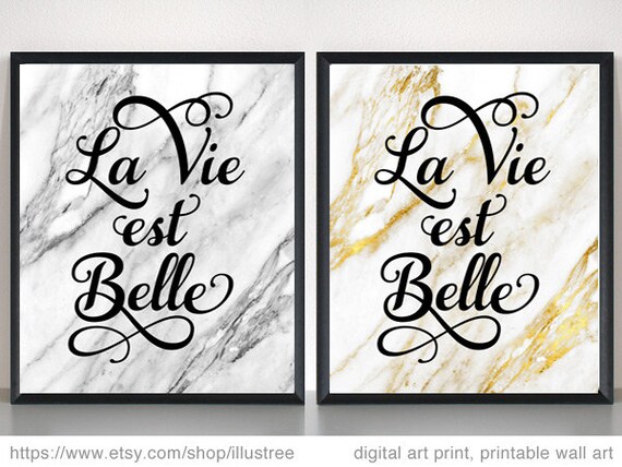 French Print La Vie Est Belle Life is Beautiful Gold Foil Poster Flower Artwork