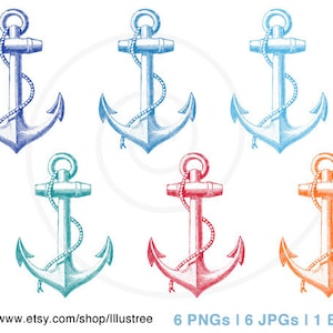 Vintage anchor digital clipart set in six colors, nautical, rope, sailor,print, printable, commercial use, PNG, JPG, EPS, instant download imagem 1