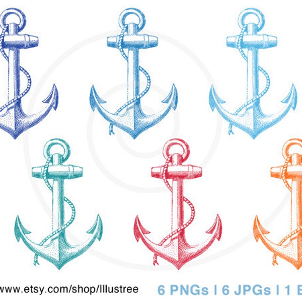 Vintage anchor digital clipart set in six colors, nautical, rope, sailor,print, printable, commercial use, PNG, JPG, EPS, instant download