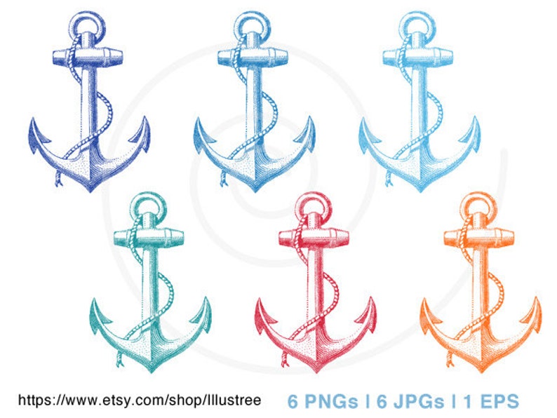 Vintage anchor digital clipart set in six colors, nautical, rope, sailor,print, printable, commercial use, PNG, JPG, EPS, instant download imagem 1