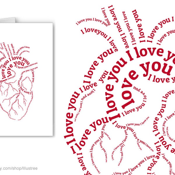 Printable Valentines day card, love card, digital art print, red human heart, typography, calligram, unique, anniversary gift, download