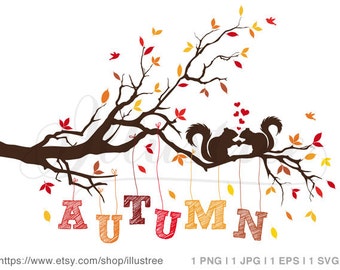 Autumn tree branch digital clip art with cute squirrels, falling leaves and letters, nursery art print, printable wall art, PNG, EPS, SVG