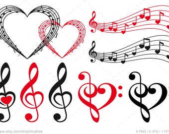 Music digital clip art set, music heart, musical notes, digital scrapbooking, collage, commercial use, png, JPG, EPS, SVG, instant download