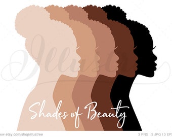 May include: Silhouettes of five women's faces in profile, with different skin tones, arranged in a row from lightest to darkest. The text "Shades of Beauty" is written below the silhouettes.