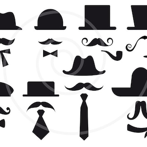 16 mustache silhouettes with hats, digital clip art, clipart, photo booth props, printable, commercial use, SVG file, instant download