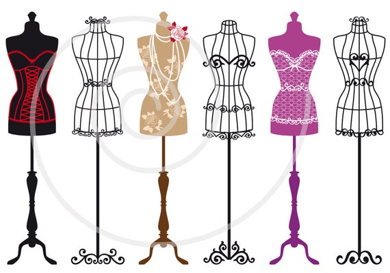 Vintage Mannequin Digital Clip Art Set, Tailor's Dummy, Dress