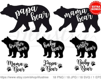 Mama bear SVG, papa bear svg, bear family clip art bundle, baby, sister, brother, JPG, PNG, svg cut files, instant download, commercial use