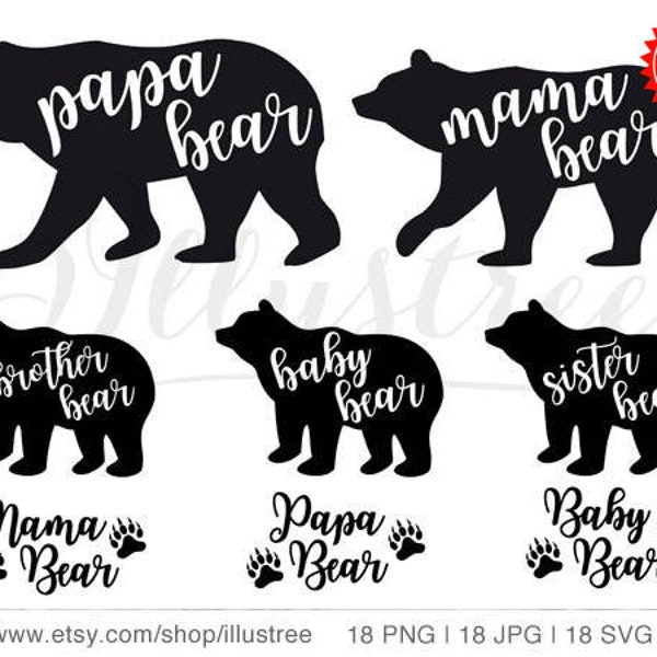 Mama bear SVG, papa bear svg, bear family clip art bundle, baby, sister, brother, JPG, PNG, svg cut files, instant download, commercial use