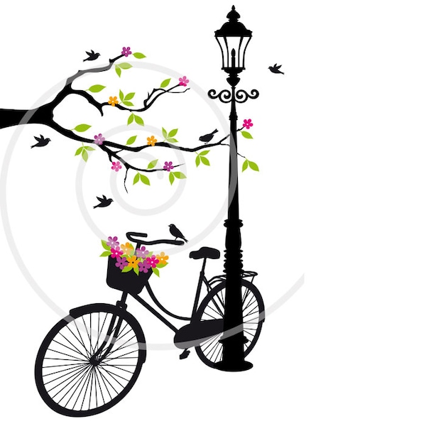 Vintage bicycle with flowers, tree and birds, digital clipart, art print, printable wall art, jpg, PNG, vector, EPS, SVG, instant download