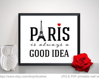 Paris is always a good idea, Audrey Hepburn quote with Eiffel tower, printable wall art, digital art print, 8x10, poster, instant download