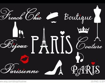 Paris digital clip art set, Eiffel tower, 23 white photo overlays, French clipart, word art, fashion, PNG, EPS, SVG instant download