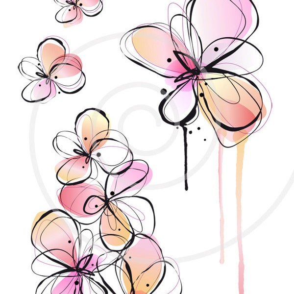 Abstract spring flowers, digital clip art, floral clipart, ink drawing, watercolor painting, illustration, vector, instant download