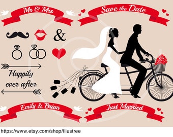 Wedding clip art, bride, groom, Mr & Mrs, save the date, just married, tandem bicycle, digital clipart set, invitation, instant download