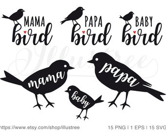 Mama bird, papa bird, baby bird, digital clip art set, new baby, mother's day, PNG, SVG, eps vector file, instant download, commercial use