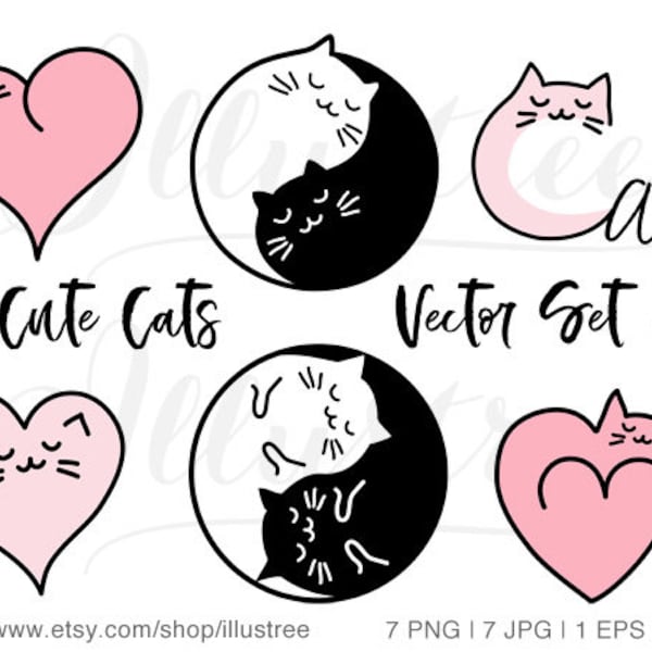 Cute cats doodle, Yin Yang cat, digital clip art set, cat SVG, cutting file, cat heart logo template, PNG, JPG, eps vector, instant download